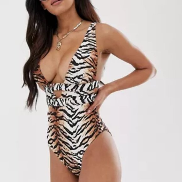 ASOS DESIGN fuller bust plunge swimsuit in natural tiger print Size 8 E/F Cup - Picture 1 of 2
